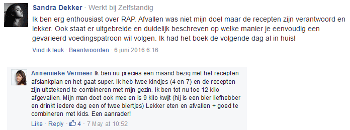 Ervaringen op Facebook met het Recepten Afslankplan van Judith Vermeer